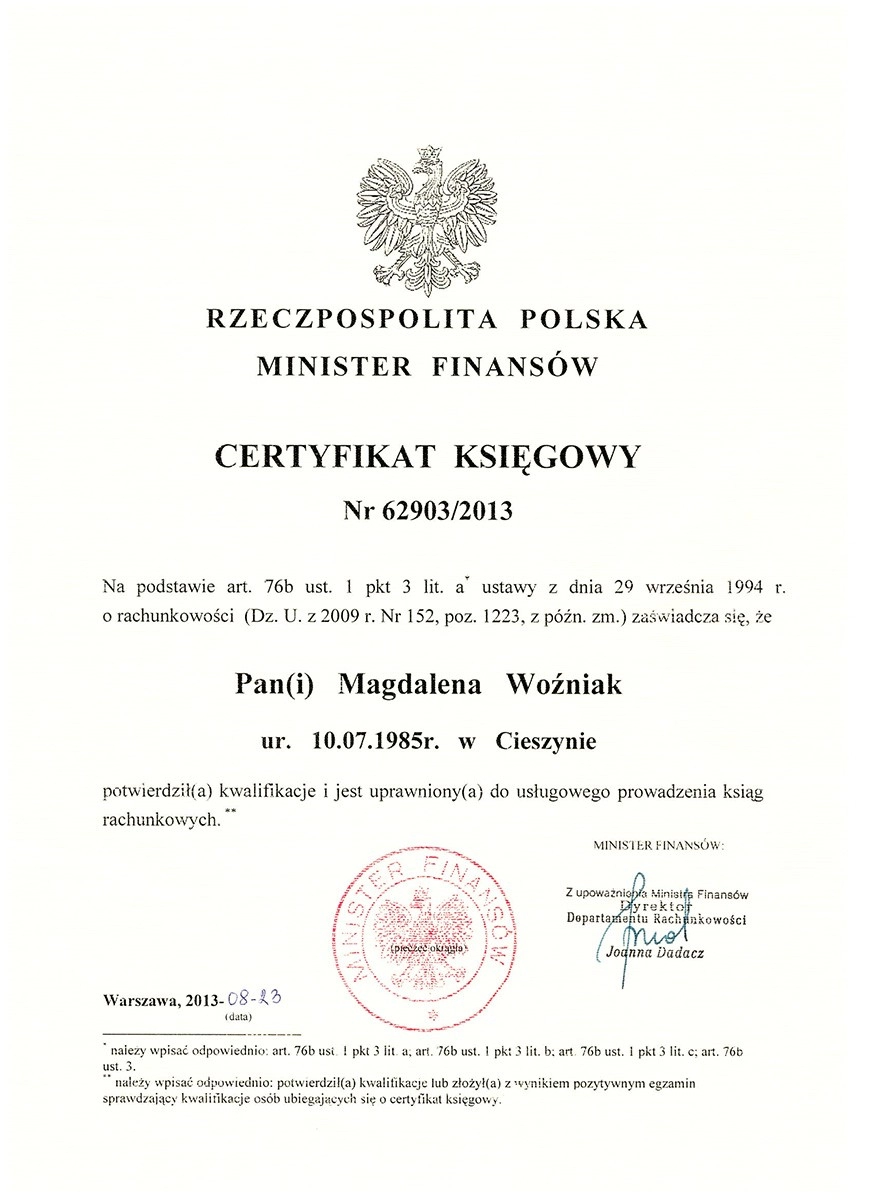 certyfikat księgowy